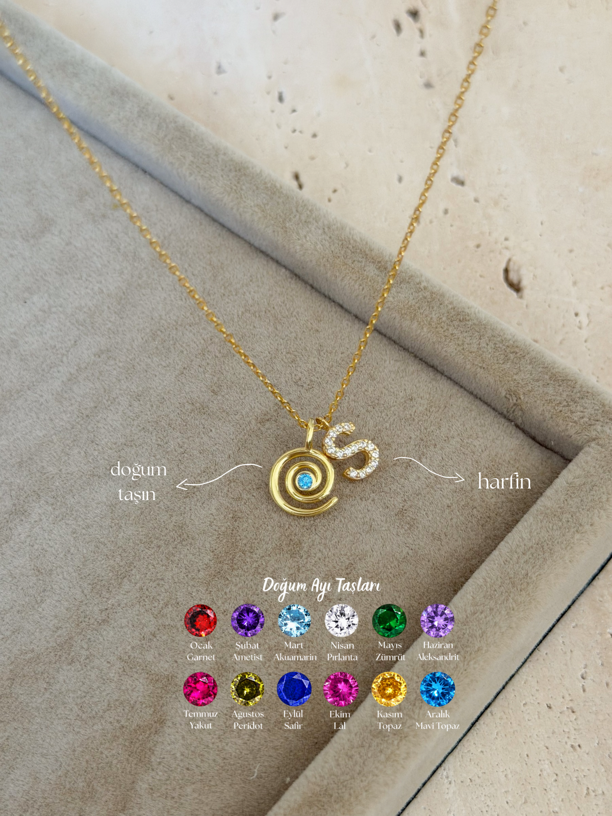 925 | Doğum Taşlı Spiral & Harf Kolye