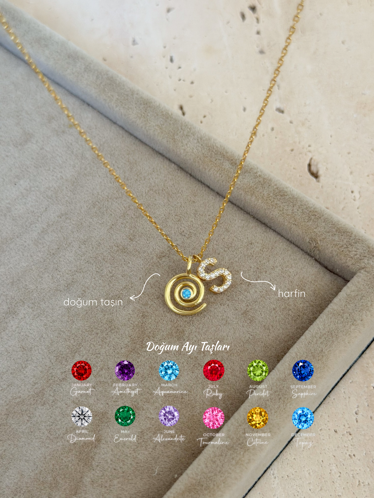925 | Doğum Taşlı Spiral & Harf Kolye