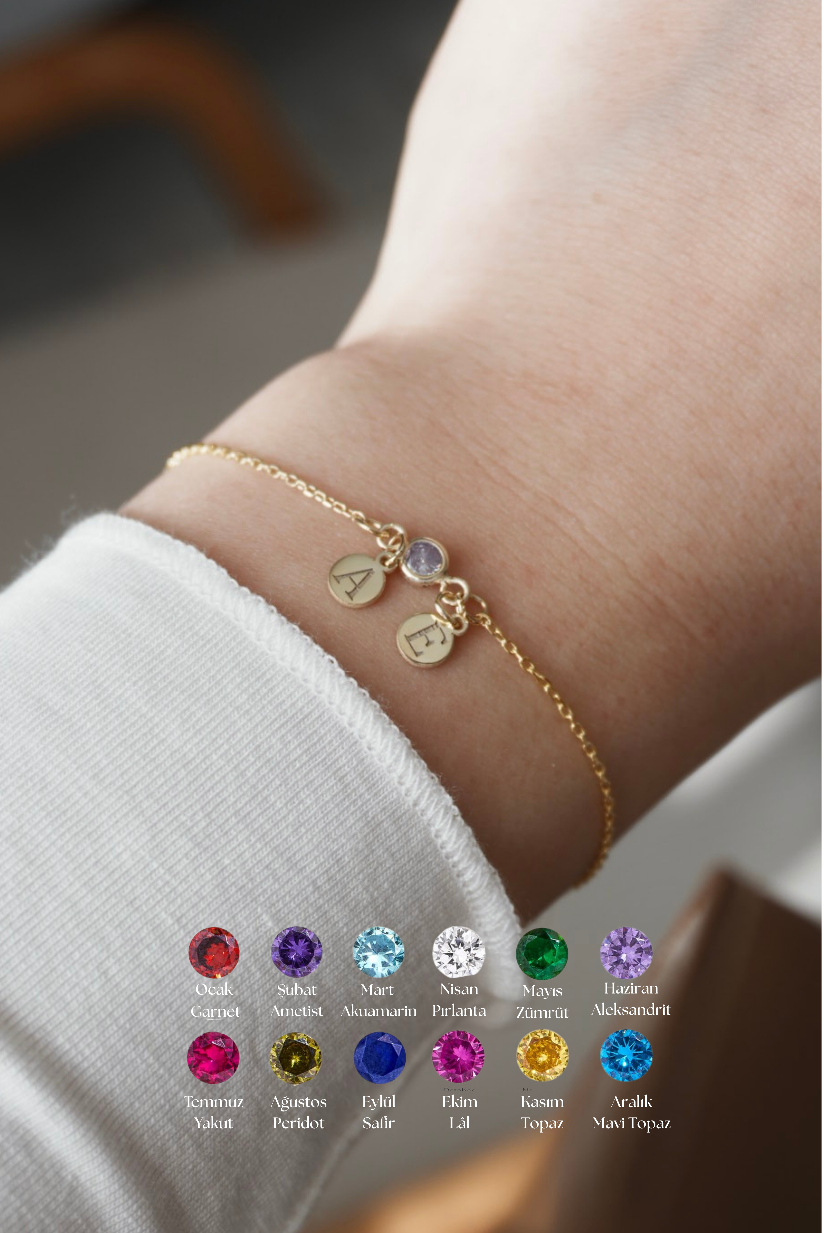 925 | Doğum Ayı Taşlı Harf Bileklik ￼